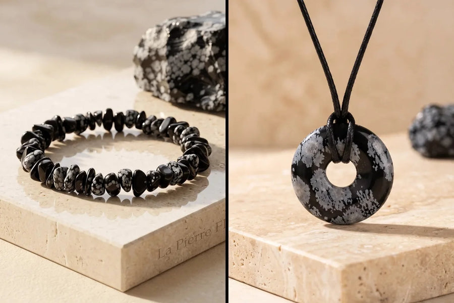 Pierre obsidienne neige naturelle, sur travertin