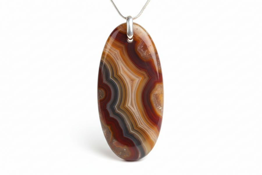 Pendentif en agate naturelle véritable monté sur argent 925 rhodié