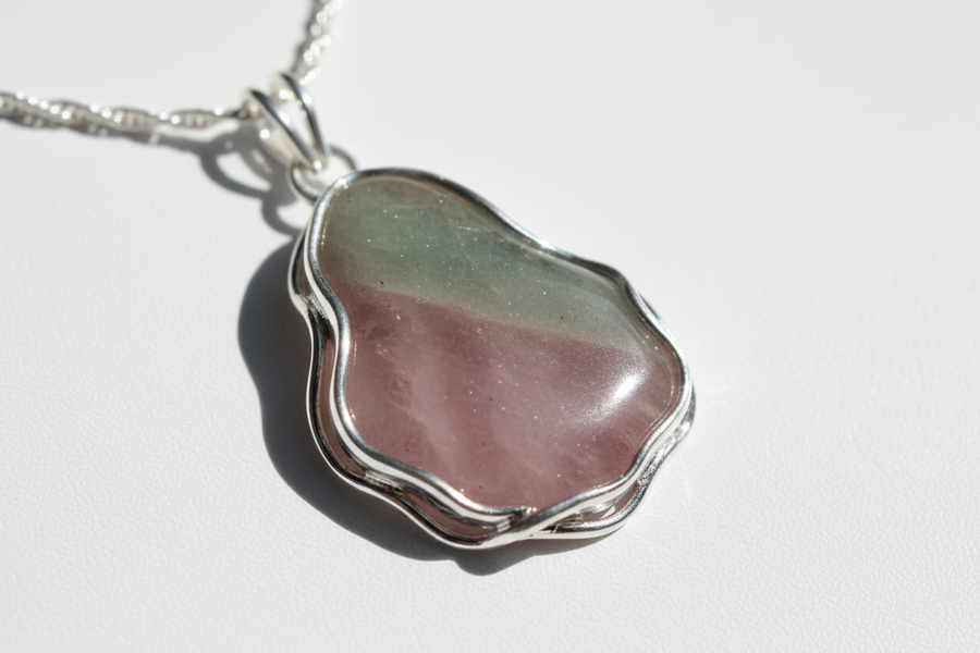 Pendentif chakra cœur en pierre naturelle véritable monté sur argent 925 rhodié