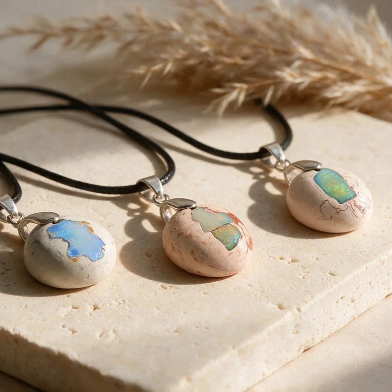 Pendentif opale, pierre naturelle, sur travertin