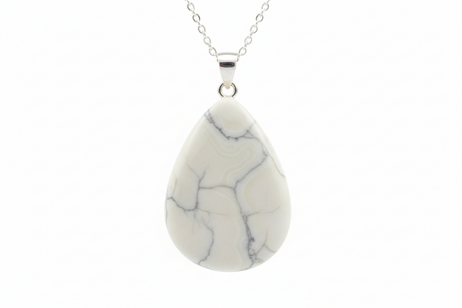 Pendentif en howlite blanche naturelle véritable monté sur argent 925 rhodié