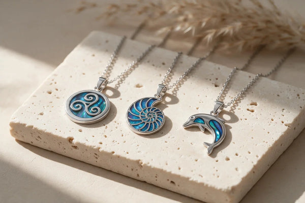 Pendentif nacre, collier en nacre bleue, sur travertin