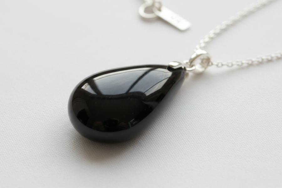 Pendentif en obsidienne naturelle véritable monté sur argent 925 rhodié