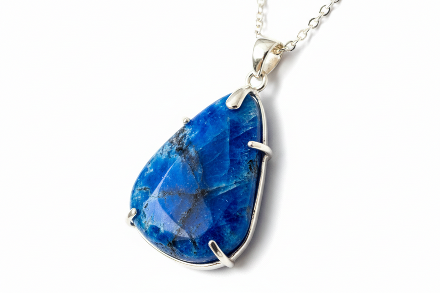 Pendentif en pierre bleue naturelle véritable monté sur argent 925 rhodié
