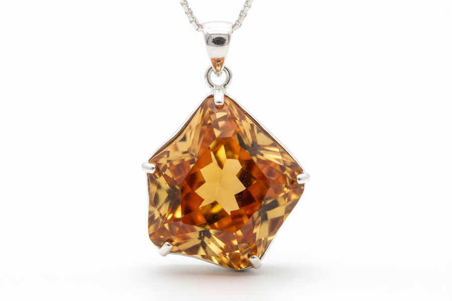 Pendentif en pierre jaune et orange naturelle véritable monté sur argent 925 rhodié