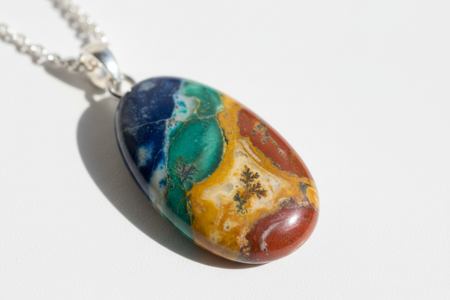 Pendentif en pierre multicolore naturelle véritable monté sur argent 925 rhodié