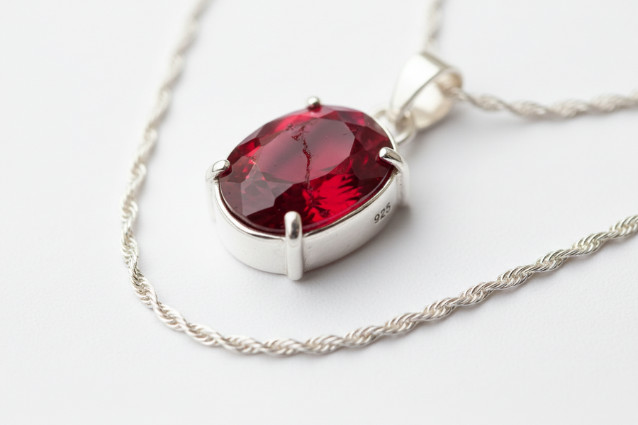 Pendentif en pierre rouge naturelle véritable monté sur argent 925 rhodié