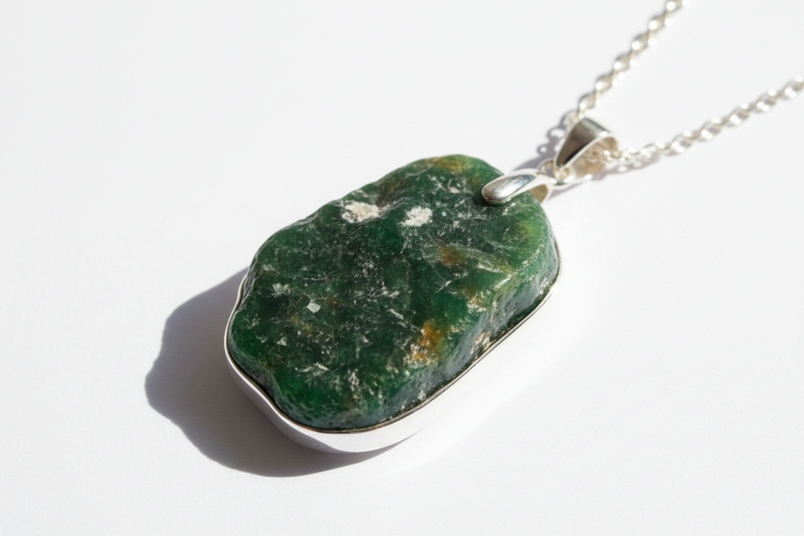 Pendentif en pierre verte naturelle véritable monté sur argent 925 rhodié