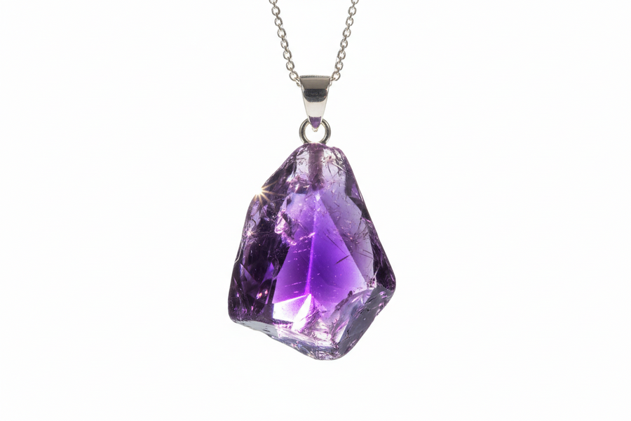 Pendentif en pierre violette naturelle véritable monté sur argent 925 rhodié