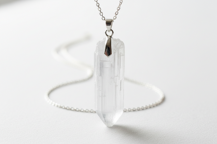 Pendentif en sélénite naturelle véritable monté sur argent 925 rhodié