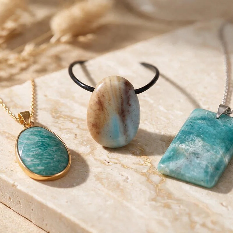 Pendentif amazonite, pierre naturelle, sur travertin