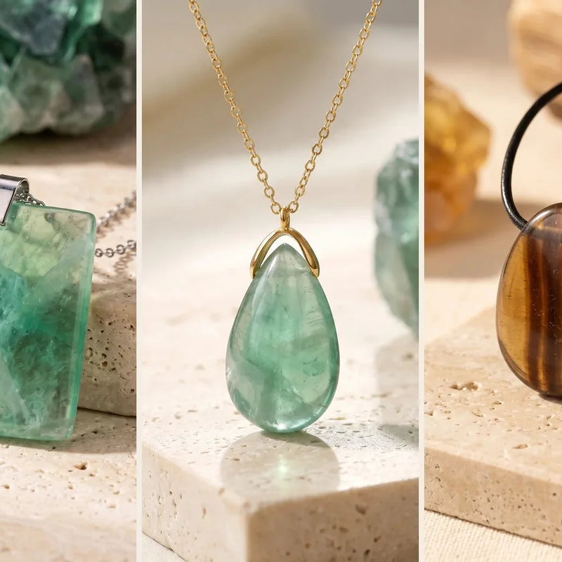 Pendentif fluorite, pierre naturelle, sur travertin