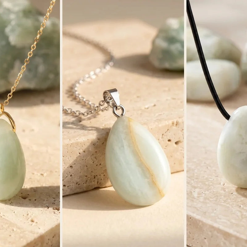 Pendentif jade, pierre naturelle, sur travertin