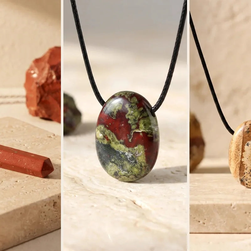 Pendentif jaspe, pierre naturelle, sur travertin