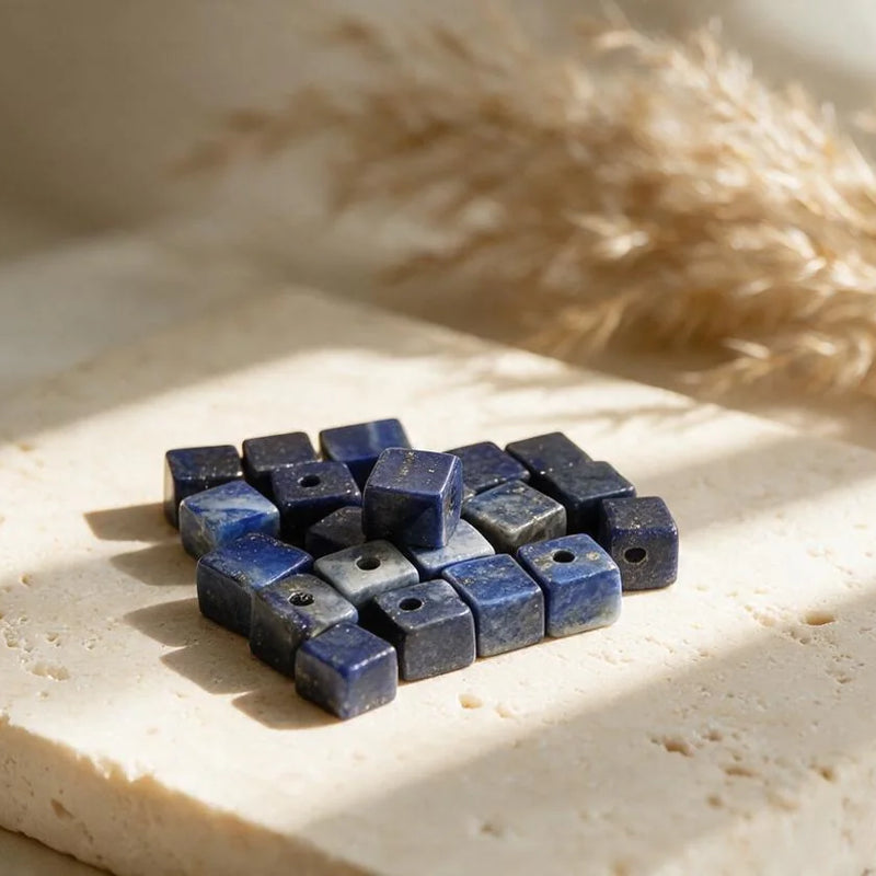 Perles cubes en pierre naturelle, sur travertin