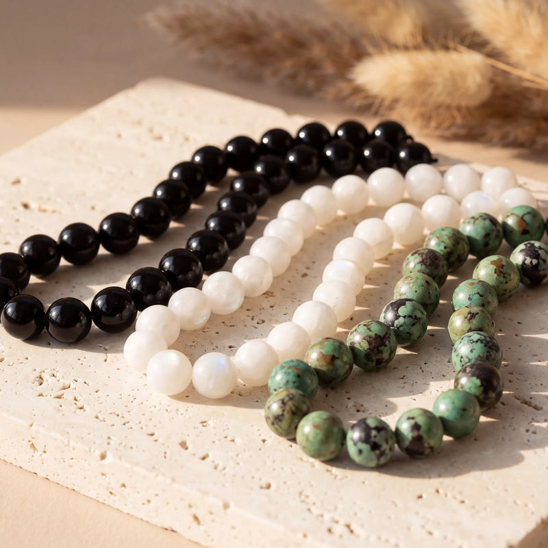 Grosses perles rondes 10 mm en pierre naturelle, obsidienne, pierre de lune et turquoise africaine