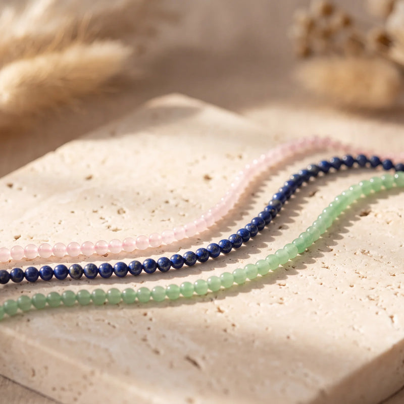 Perles rondes 4 mm en pierre naturelle, quartz rose, lapis-lazuli et aventurine