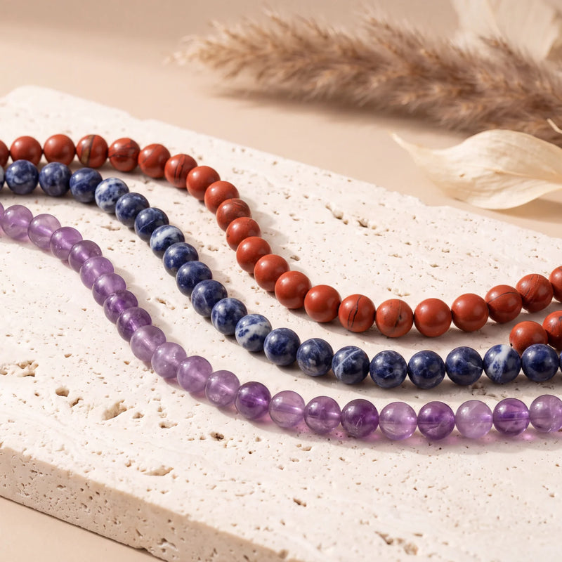 Perles rondes 6 mm en pierre naturelle, améthyste, sodalite et jaspe rouge