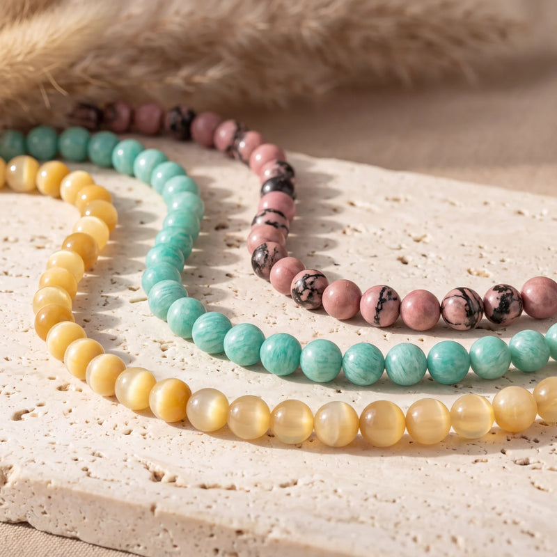 Perles rondes 8 mm en pierre naturelle, œil de tigre, amazonite et rhodonite