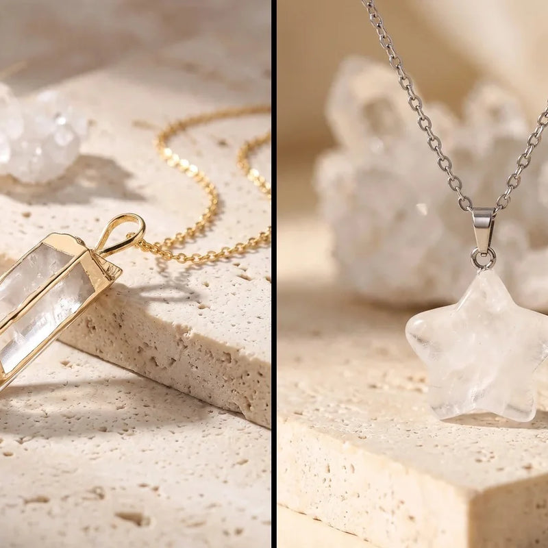 Pierre de naissance d'avril : bijoux en cristal de roche, sur travertin
