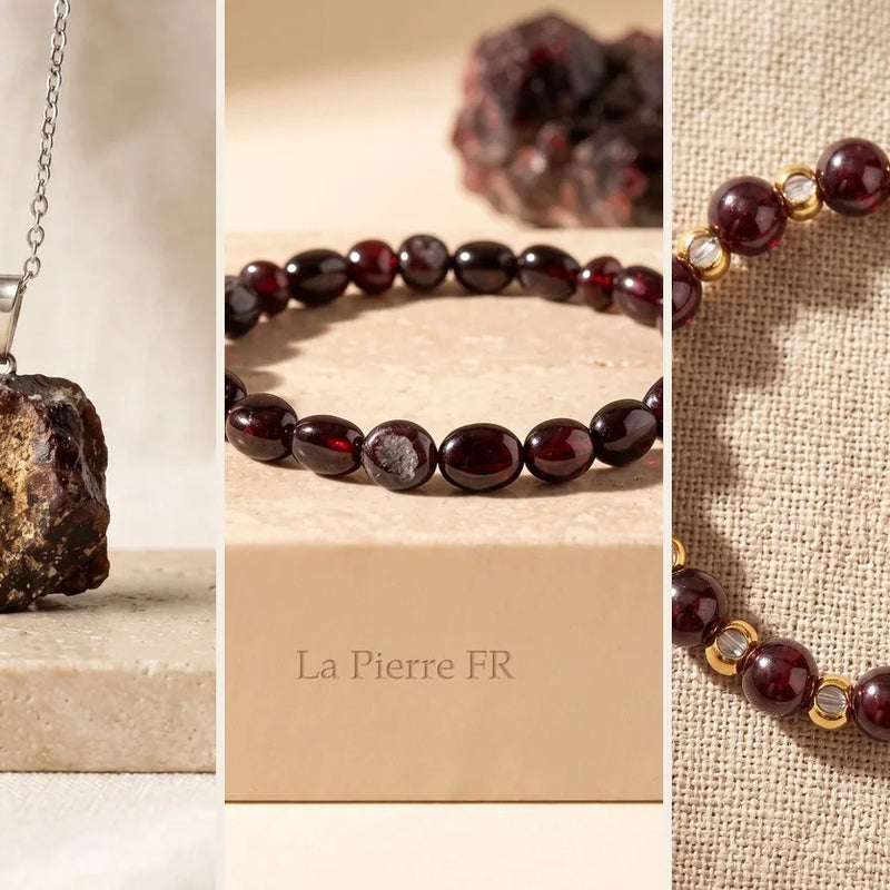 Pierre de naissance de janvier : bijoux en grenat, sur travertin