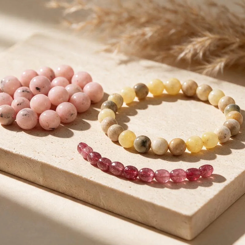 Pierre de naissance d'octobre : opale et tourmaline rose, sur travertin