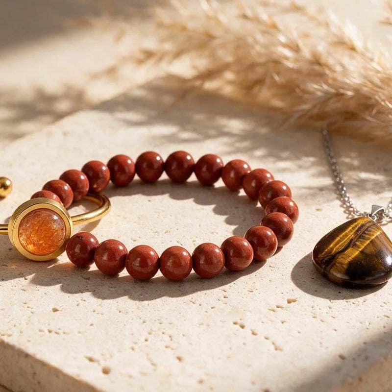 Pierres et bijoux du chakra sacré, sur travertin