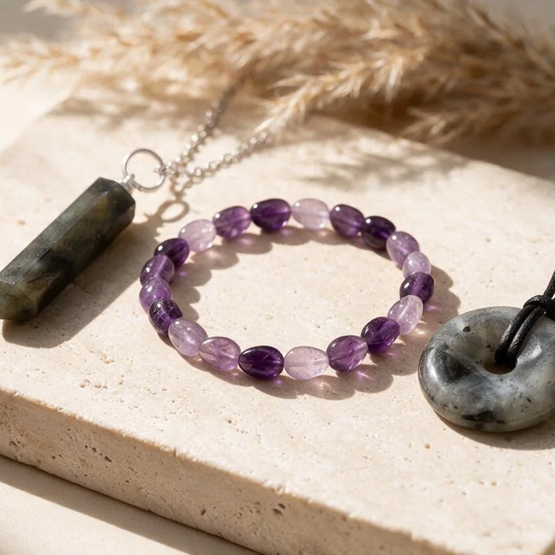 Pierres du Verseau : améthyste, aigue-marine, labradorite, sur travertin