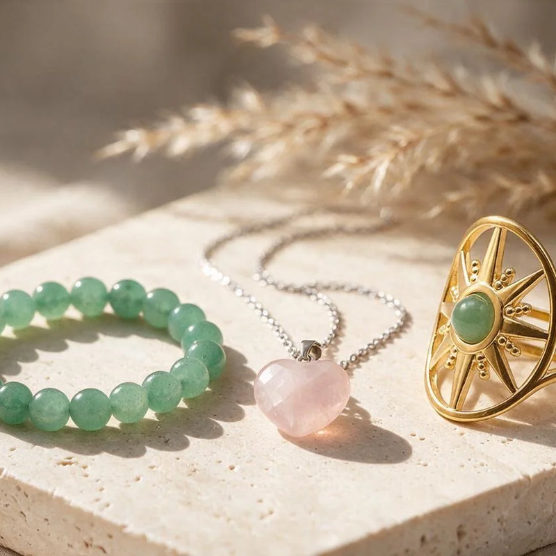 Pierres et bijoux du chakra du cœur, sur travertin