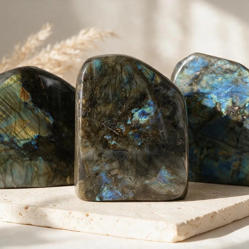 Labradorite de Madagascar à poser, bleue et violette, pierre naturelle, sur travertin
