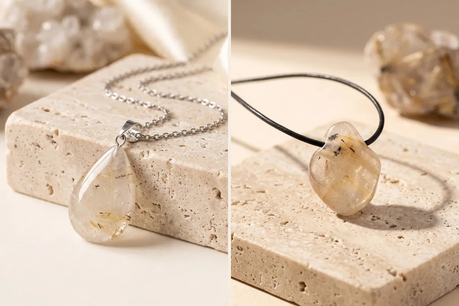 Pierre quartz rutile naturelle, sur travertin