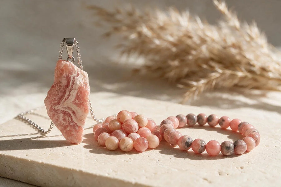 Pierre rhodochrosite naturelle, sur travertin