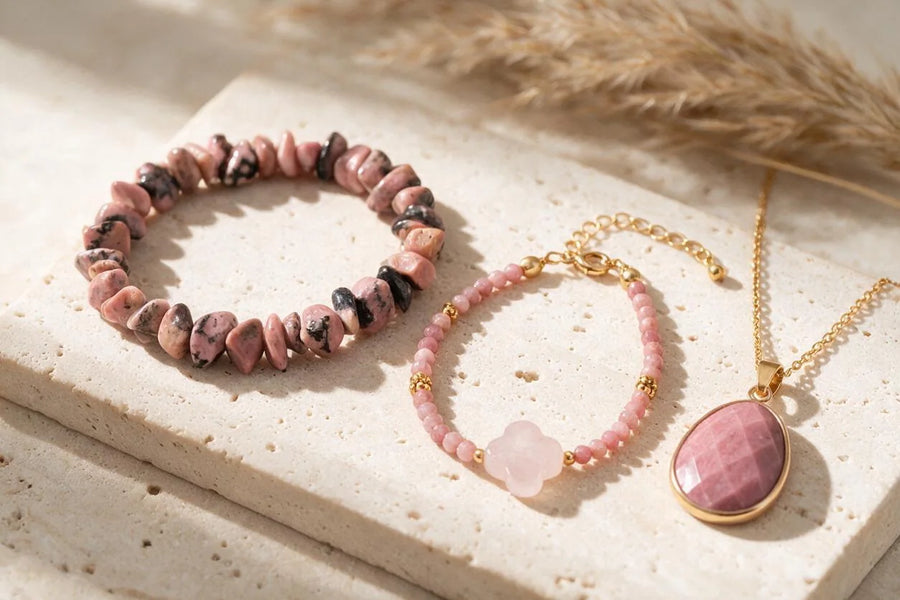 Pierre rhodonite naturelle, sur travertin