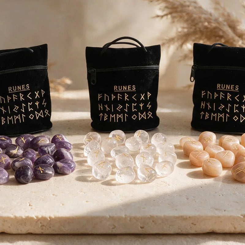 Runes divinatoires en pierre naturelle, sur travertin