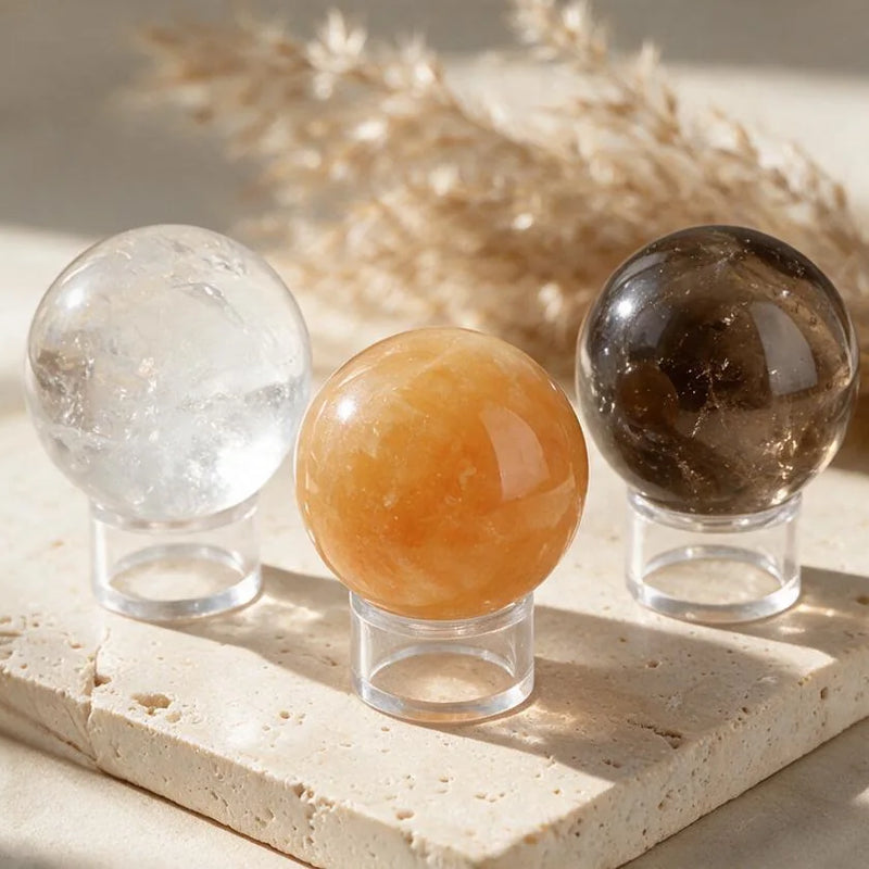 Sphères et boules en pierre naturelle, sur travertin