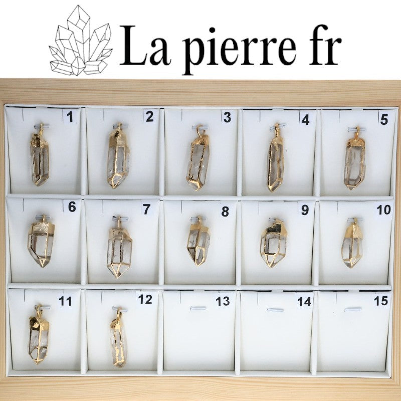Pendentif Pointe Cristal de Roche Naturel Serti Doré pendentif