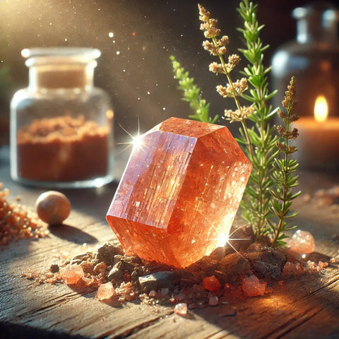 Pierre de Soleil polie montrant son éclat et son effet d'aventurescence