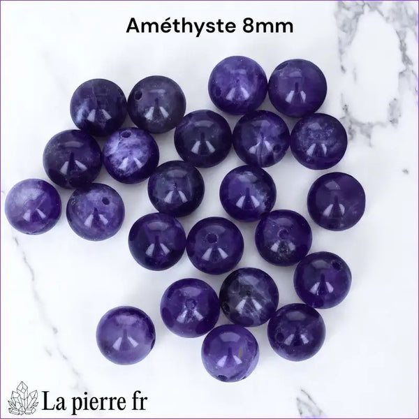 Lot de 20 perles Améthyste naturelle 8mm Brésil, rondes, pour création de bijoux, couleur violet lumineux.