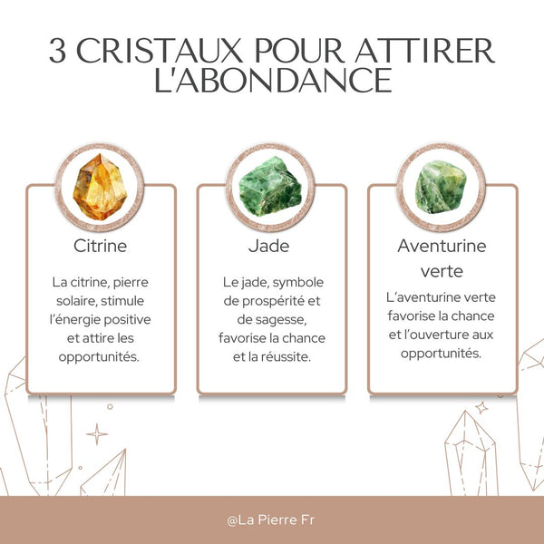 Illustration de trois pierres – citrine, jade et aventurine verte – pour attirer l’abondance et les opportunités.