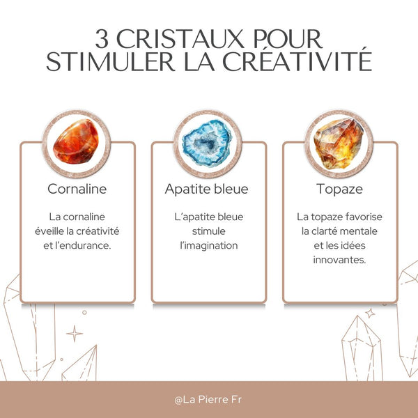 Illustration de trois pierres – cornaline, apatite bleue et topaze – pour stimuler la créativité.