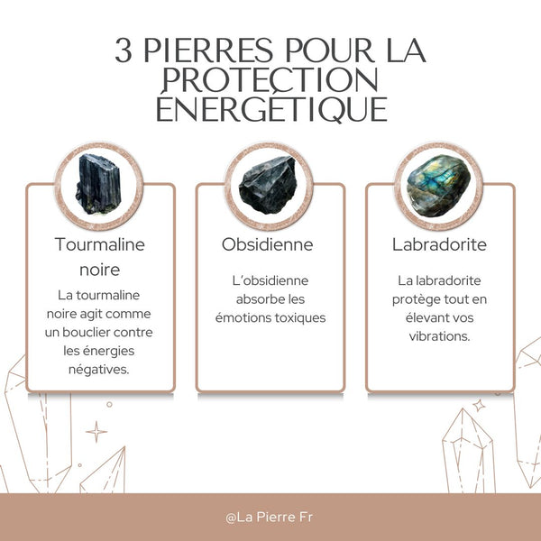 Cristaux pour bloquer les énergies négatives : obsidienne, labradorite, tourmaline.