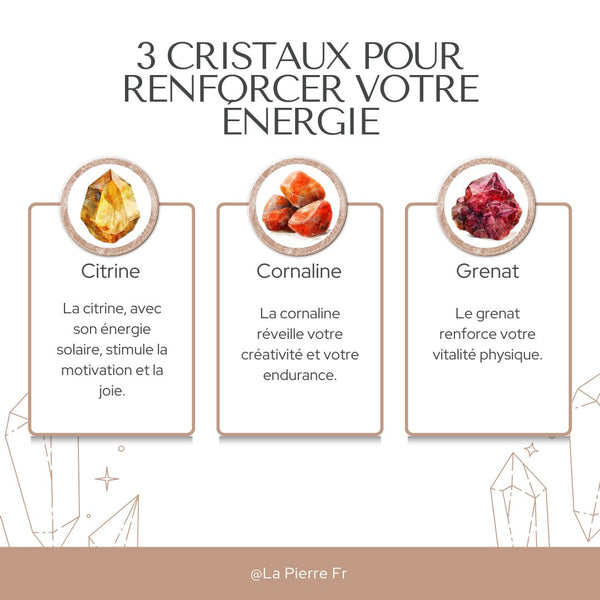 3 pierres pour renforcer l’énergie vitale : citrine, cornaline, grenat.