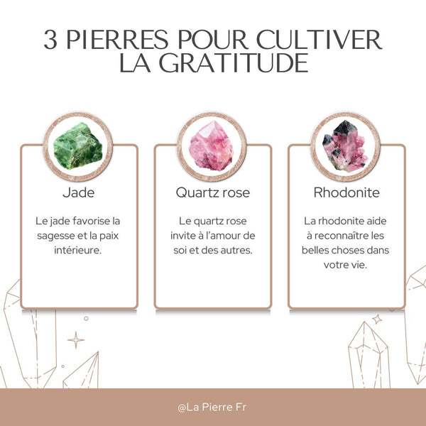 Illustration de trois pierres – jade, quartz rose et rhodonite – pour cultiver la gratitude.