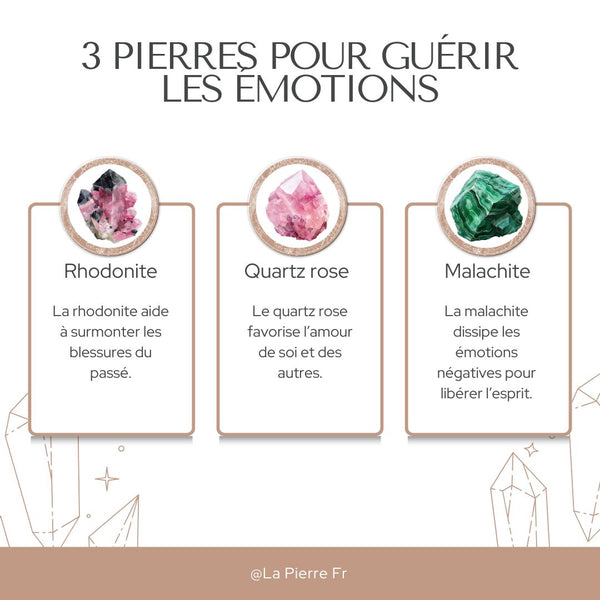 3 pierres pour guérir les émotions : malachite, rhodonite, quartz rose.
