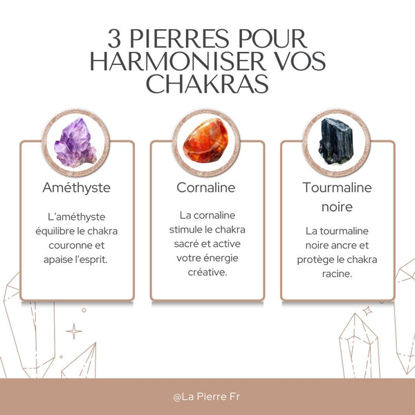 Illustration de trois pierres – améthyste, cornaline et tourmaline noire – pour harmoniser les chakras.