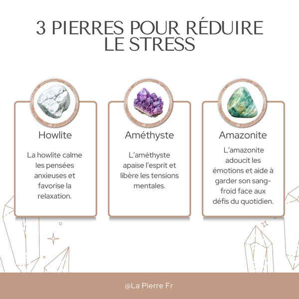 3 pierres pour réduire le stress : amazonite, améthyste, howlite.