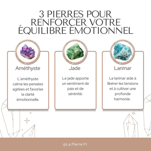 Carte lithothérapie – 3 pierres pour renforcer l’équilibre émotionnel : Améthyste, Jade et Larimar.
