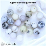 Lot de 30 perles Agate Dendritique naturelle 6mm Madagascar, rondes, pour création de bijoux, couleur blanc laiteux avec motifs dendritiques.