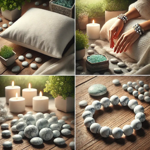 Bracelet et pierres roulées en Howlite utilisés pour la méditation et le sommeil