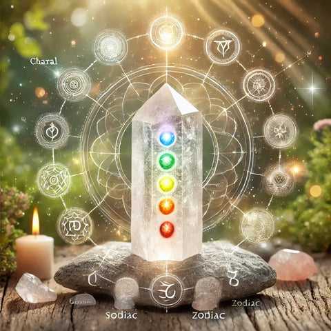 Cristal de Roche aligné avec les sept symboles des chakras